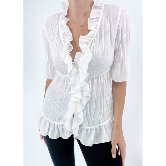 NWT NY Collection White Frill Semi Sheer Short Sleeve Blouse Size Small - Picture 1 of 5